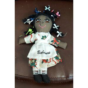 Bahamas Souvenir Handmade Cloth 8" Black Rag Doll Yarn Hair Plush Stuffed Animal